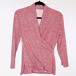 J. McLaughlin Coral Blue Faux Wrap 3/4 Sleeve Catalina Cloth Stretchy Blouse Top